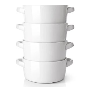 Wedding White Porcelain Soup Bowls with Handles - Set of 4